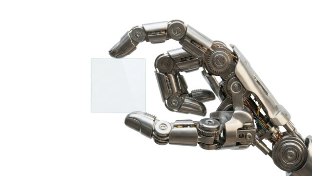 Detailed metallic robotic hand holding blank white square card with precision
