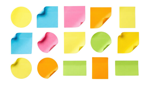 Colorful sticky notes in various shapes with curled corners isolated