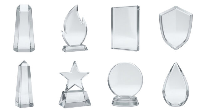 Set of eight clear glass award trophies in various abstract shapes