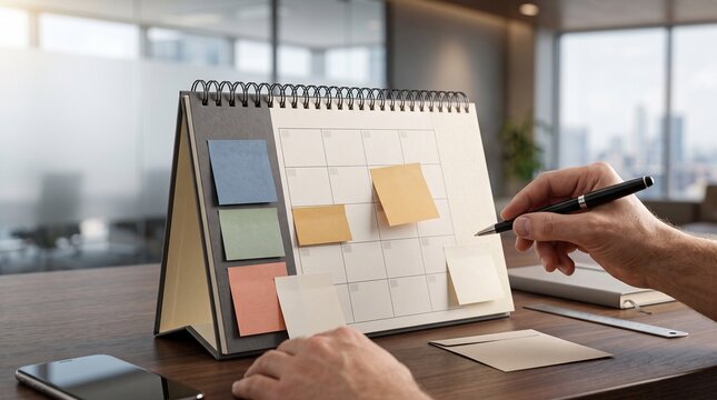 Business planning concept with calendar desk pad and sticky notes in an office setting schedule management time management appointment planner corporate scheduling