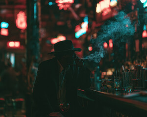 Naklejka premium Mysterious man in a dark hat smoking a cigar inside a dim vintage neon bar atmosphere, surrounded by dramatic teal and orange light, soft smoke rings, and blurred nocturnal pub surroundings.