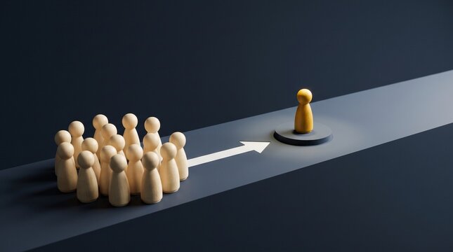 Wooden figure standing apart from a crowd following an arrow path with crowd of people standing out different direction business strategy career path following leade