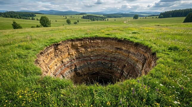 A deep, circular sinkhole revealing layered geological rock strata in a vibrant green grassy meadow