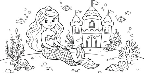 Naklejka premium A delightful coloring page featuring a sweet little girl admiring a beautiful fairytale castle with charming details and whimsical surroundings