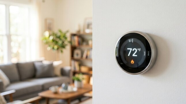 Smart thermostat displaying 72 degrees fahrenheit on a modern home wall