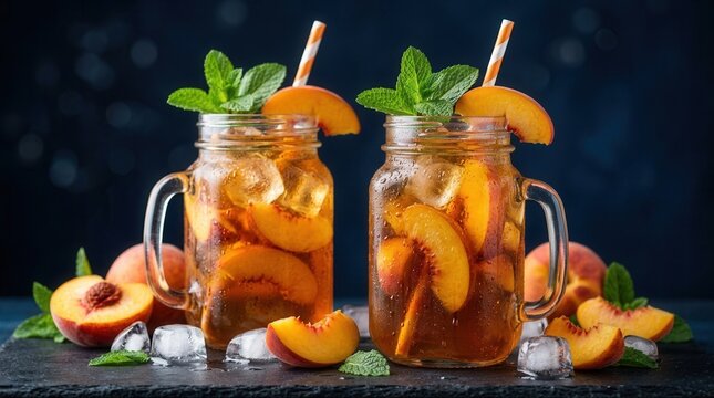 Two mason jars of iced apricot tea garnished with fresh peach and mint leaves.