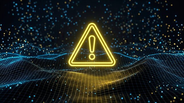 A glowing yellow warning triangle icon sits atop a dark digital topographic terrain for incident response and containment.