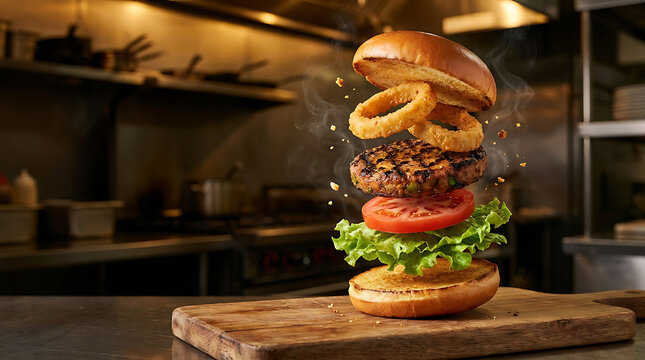 Delicious gourmet burger with onion rings floating above a wooden cutting board in a professional kitchen.