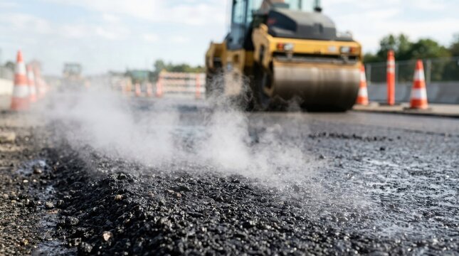 Steam rising from freshly laid hot asphalt on a road construction site with a heavy roller in the background