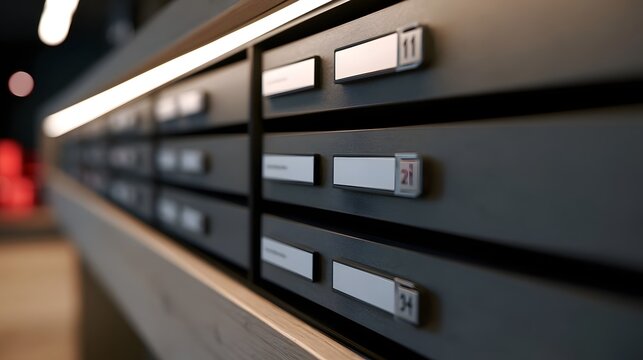 Modern wall mounted mailboxes with numbered slots and clean minimalist design under soft ambient lighting