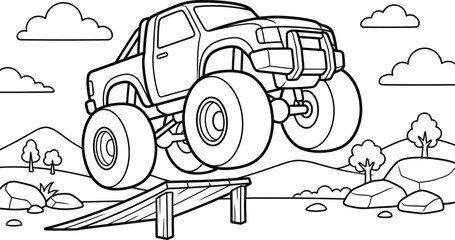 An exciting monster truck rally adventure a coloring page for kids of all ages to enjoy and create © monoara begum