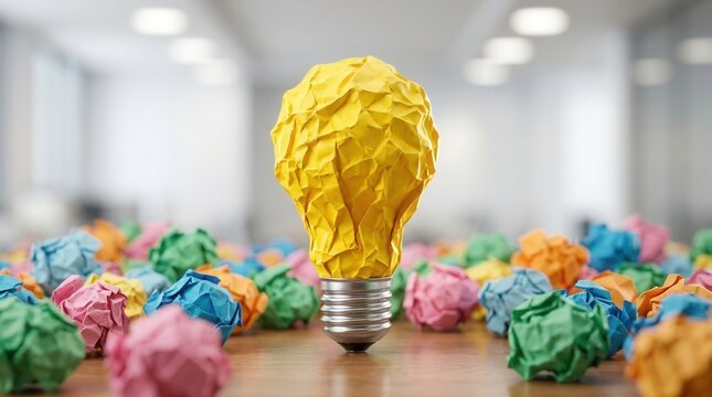 Concept of fail-fast prototyping represented by a yellow paper lightbulb amidst colorful crumpled paper.