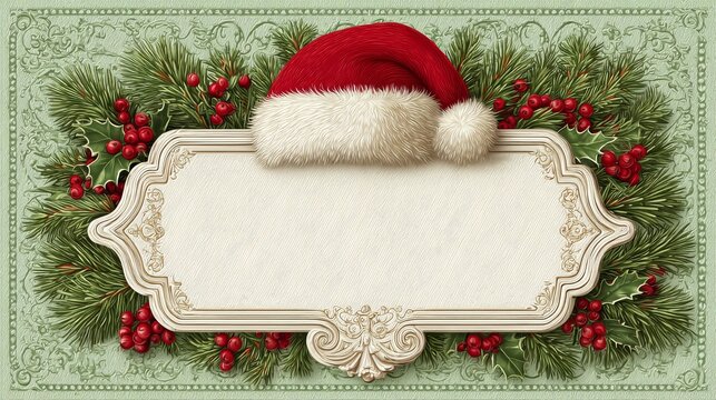 This is a retro-style Christmas decorative border. It features a classic red-trimmed white velvet Santa hat at the top, with pine branches surrounding red berries on both sides. 