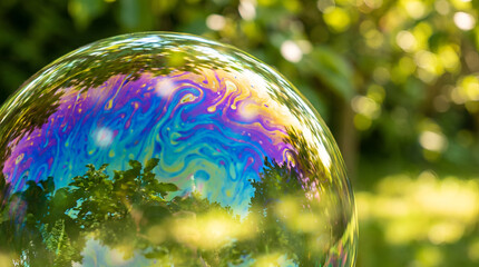 Naklejka premium Close-up of a colorful iridescent soap bubble reflecting green garden foliage in a sunny summer outdoor environment