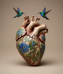 Fototapeta premium corazón anatómico, corazón humano, corazón de cerámica, cerámica artesanal, arte fantástico, arte conceptual, corazón roto, grietas, flores, flores azules, colibríes, colibrí, aves, naturaleza, amor, 