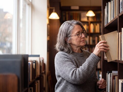 Mature Reader Browsing Independent Bookshop