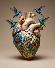 Fototapeta premium corazón anatómico, corazón humano, corazón de cerámica, cerámica artesanal, arte fantástico, arte conceptual, corazón roto, grietas, flores, flores azules, colibríes, colibrí, aves, naturaleza, amor, 