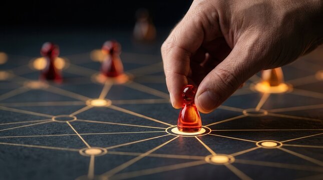 Strategic leadership concept showing a hand moving a red game piece on a network map.