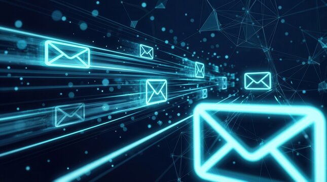 Electronic mail traveling through a digital network with glowing icons.