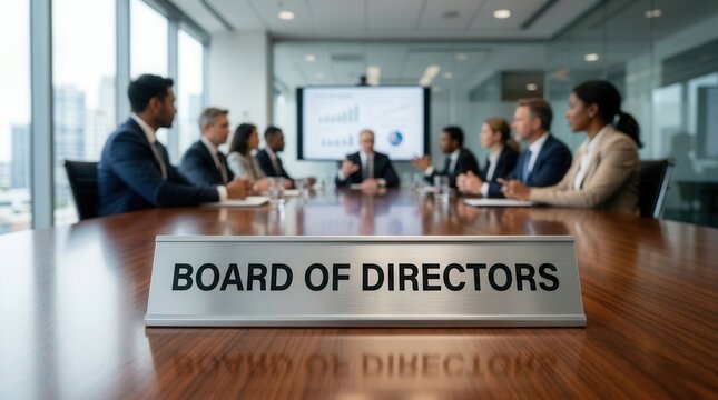 A board of directors meeting held in a modern corporate boardroom for strategic planning and financial review.