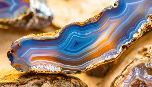 Intricate Blue and Orange Agate Slice Macro View Showcasing Natural Banding Patterns