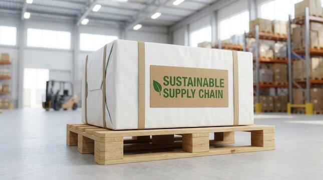 Ethical sourcing practices represented by a sustainable supply chain label on a warehouse pallet.