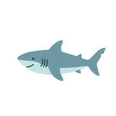 Fototapeta premium Cute blue shark swimming with a friendly cartoon appearance, isolated on a white background, vector illustration for ocean, marine life, and children's designs