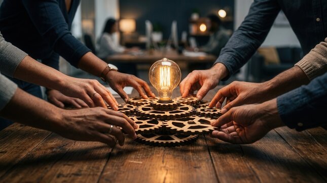 Team members collaborating with wooden gears and a glowing lightbulb for problem solving.