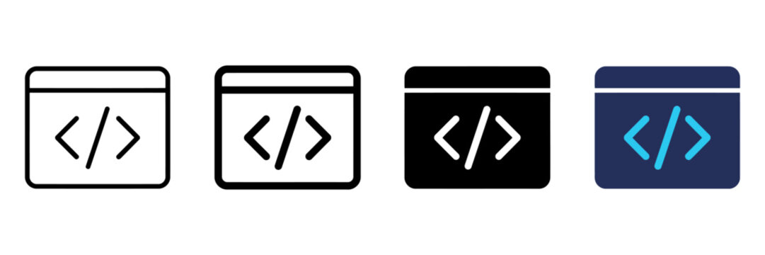 Programming code icons set, web browser window with coding brackets, software development and web design vector symbols