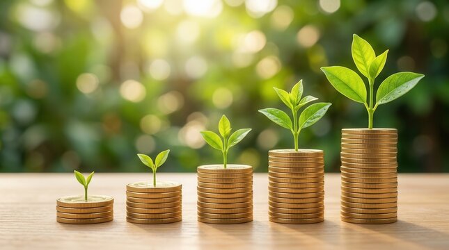 Investment and financial growth concept featuring small plants emerging from coin stacks.