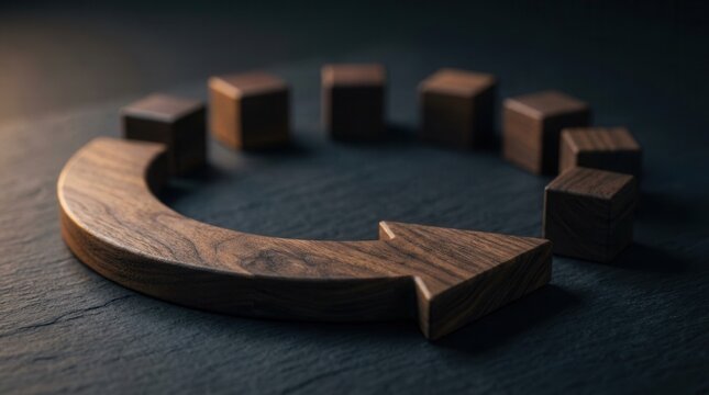 A conceptual wooden arrow and cubes representing the organizational change management cycle.