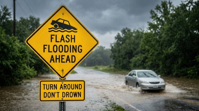 Emergency flash flooding sign with turn around don't drown instruction.