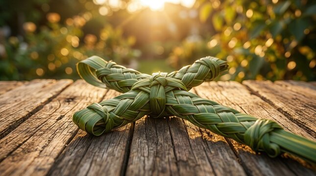 Palm Sunday symbol featuring a woven palm leaf cross on a weathered wooden surface.