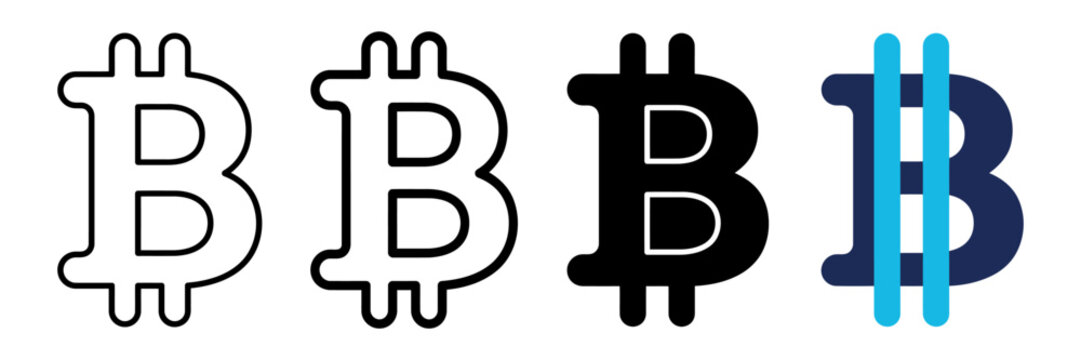 Bitcoin cryptocurrency icon set, 4 digital currency symbols in vector format, black and blue financial blockchain logos for web design