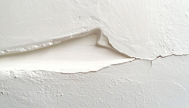 Close up of peeling white paint on a damaged interior wall surface.