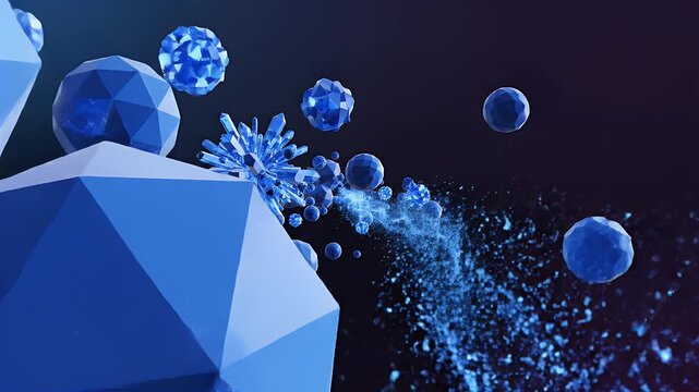 Abstract blue polyhedra and glowing particles drift in dark space