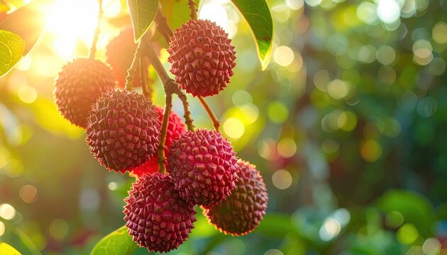 Fresh ripe lychee fruits hanging on a tree branch in the warm sunlight.
