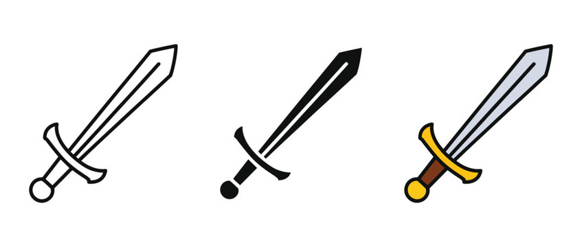 Set of Sword Icons: Three distinct icons depicting swords in various styles, representing combat, history, and fantasy, rendered with clean lines and bold contrasts for clarity.