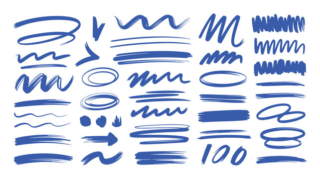 Collection of hand drawn blue marker strokes and abstract doodle highlights for design elements