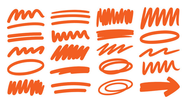 Collection of hand drawn orange marker strokes and highlights for design elements