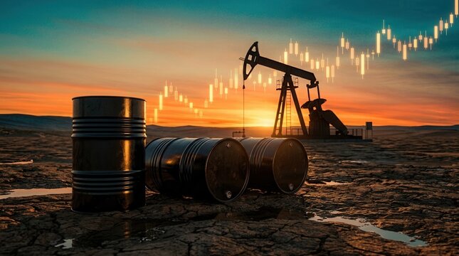 Fossil fuel industry finance concept with oil barrels and a pumpjack during a golden sunset.