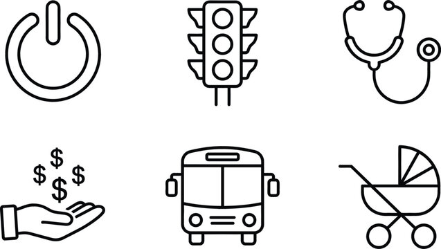 Miscellaneous vector line art icon set featuring power button traffic light stethoscope hand holding dollars bus and stroller