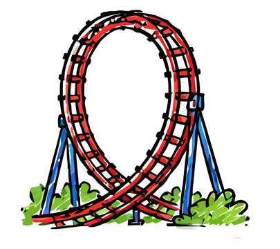 Hand drawn sketch illustration of a red rollercoaster loop track with blue support beams isolated on white background