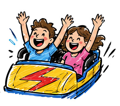 Happy children riding a roller coaster with arms raised in excitement and joy