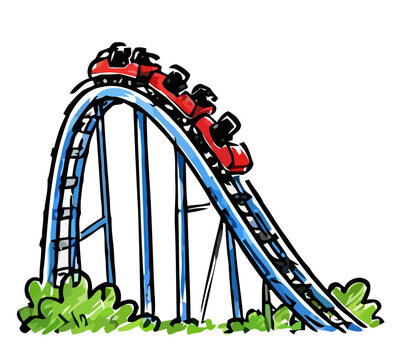 Hand-Drawn Illustration of a Thrilling Red Roller Coaster Descending a Blue Track in an Amusement Park