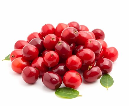 Fresh red cranberries pile with green leaves