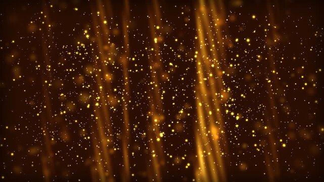 Golden glitter particles floating in warm light rays. Shimmering amber dust background for awards. Elegant bokeh sparkles for luxury events.