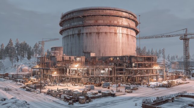 Massive industrial facility under construction in snowy landscape with dramatic twilight lighting