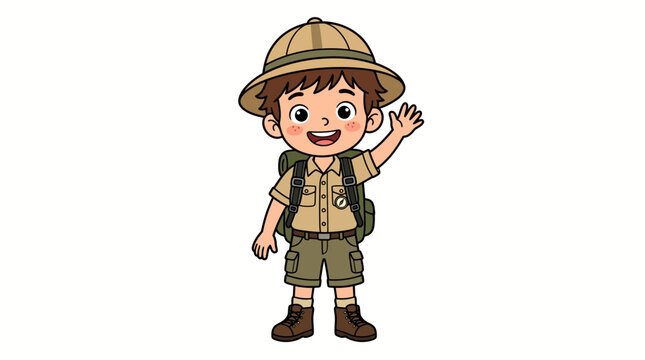 Young Adventurer Boy Scout Character Vector Illustration Waving Hello for Educational Projects and Summer Camp Exploration Activities