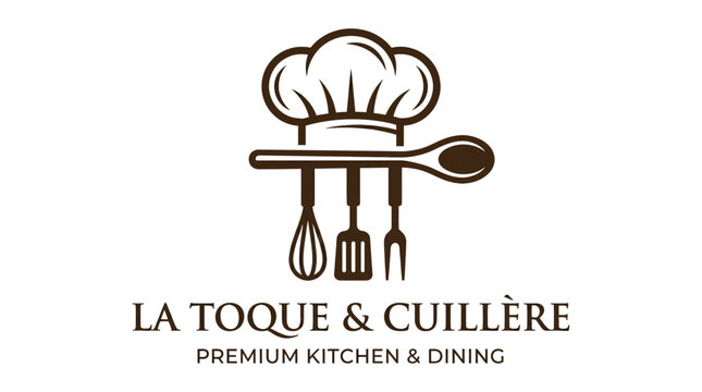 Vector chef hat logo design with kitchen utensils like spoon whisk spatula and fork for premium kitchen and dining